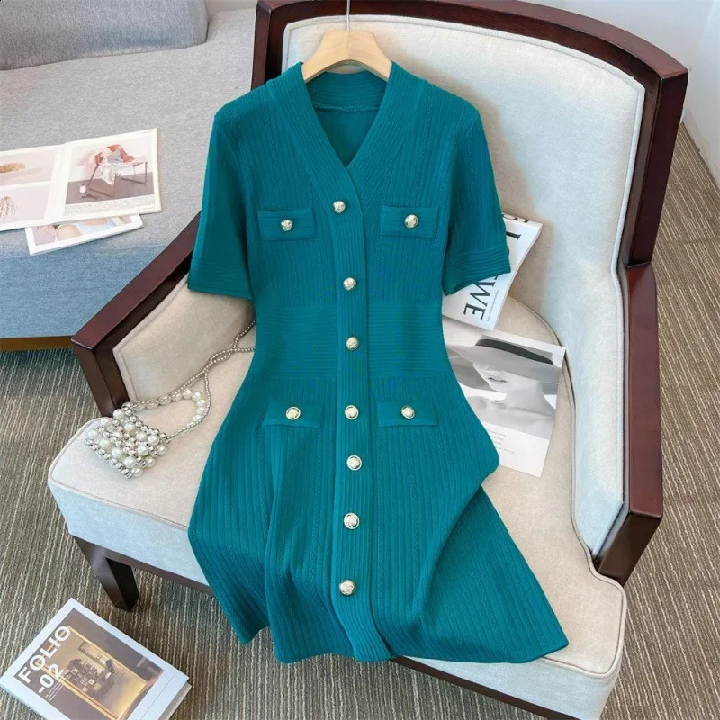 Womens clothing summer Aline tweed style fashionable and elegant casual knitted short sleeved dress 240824