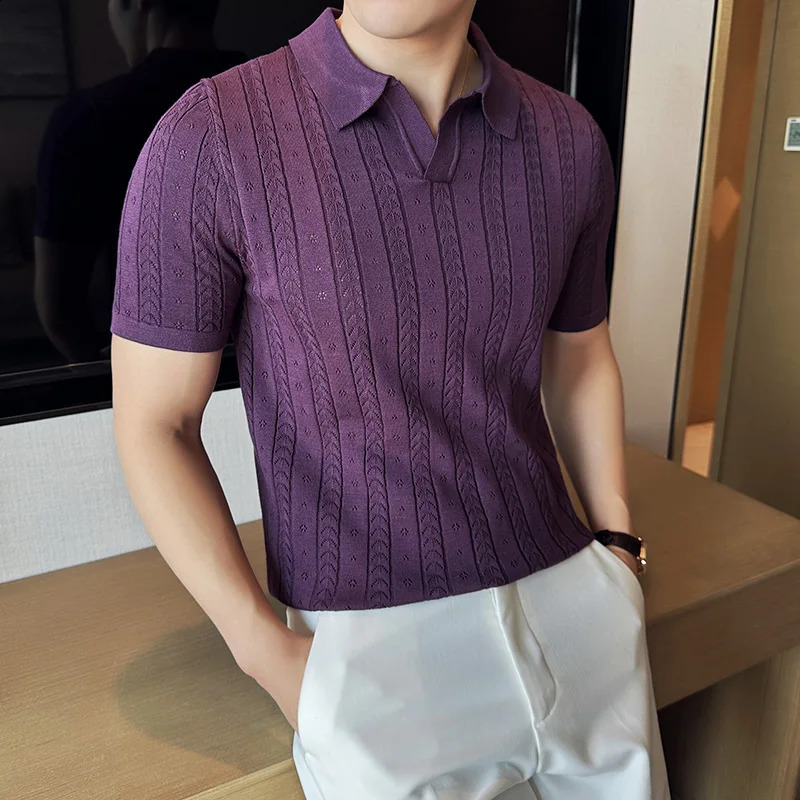 Mens V-neck POLO Shirt Summer Hollow Striped Jacquard Solid Color Casual Short Sleeve knitted T-shirt Mens Clothing 240824