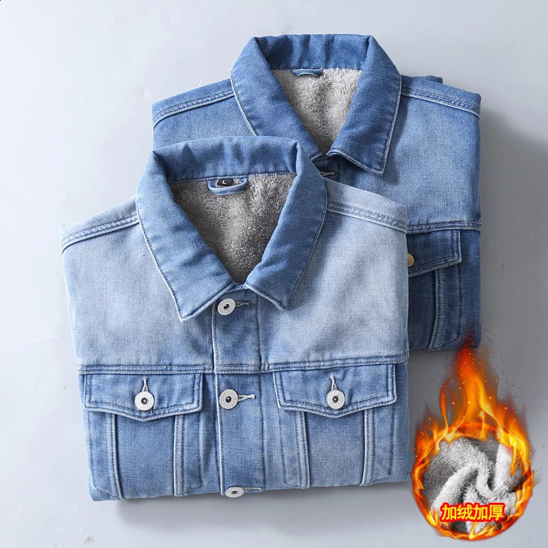 Mens winter denim jacket light blue warm mens wool lining thick Plus size 4xl 240824