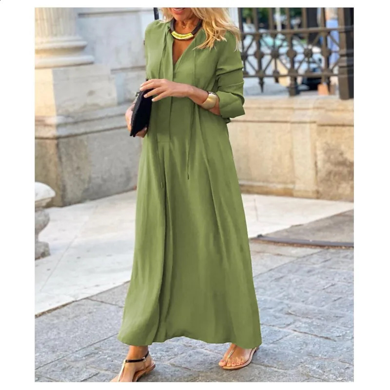 Womens Dress With Solid Color Lapel Long Sleeved Simple Casual Tie V-neck Long Shirt Loose Fitting Womens Dress Y2k 240824