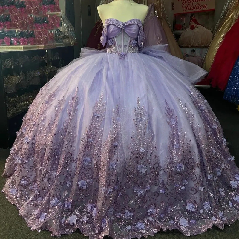 Lilac Beading Crystal Bow Ball Gown Quinceanera Dresses 3D wers Sequined Appliques Lace Tull Sweet 16 Vestido De 15 Anos