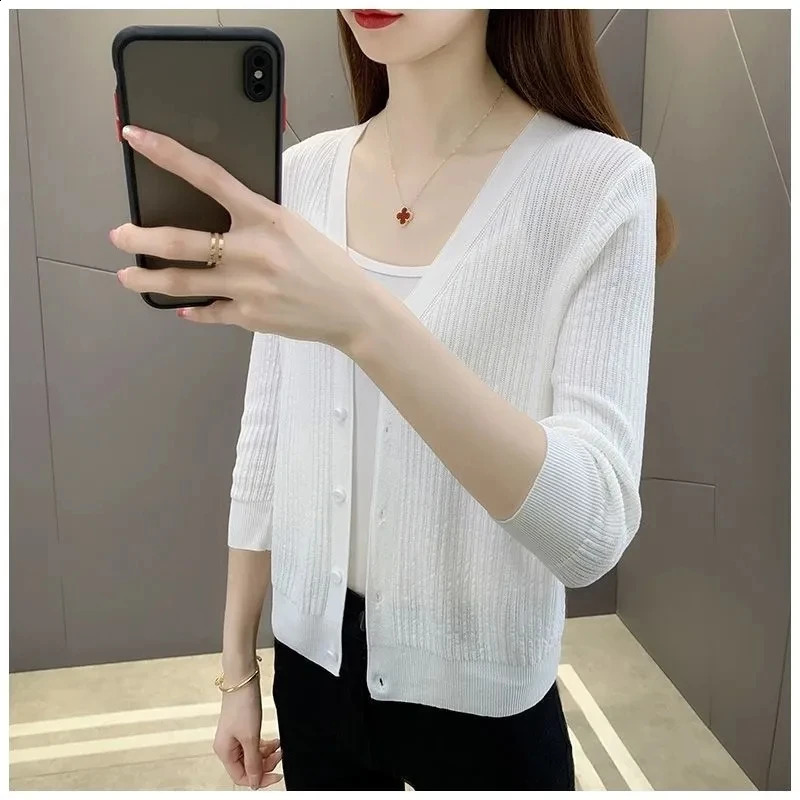 Plus Size Womens Knitted Cardigan Summer Thin Ice Silk Solid Short Loose V-Neck Sun Protection Hollow Top Ropa De Mujer Ofertas 240824