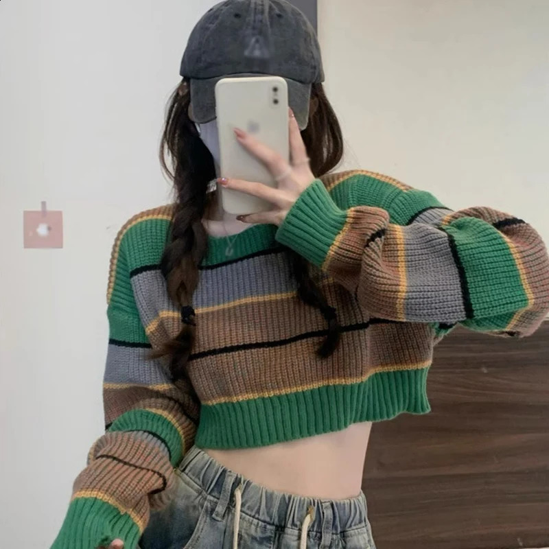 Striped long sleeved sweater for womens loose fitting and slimming outer wear knitted top 240824