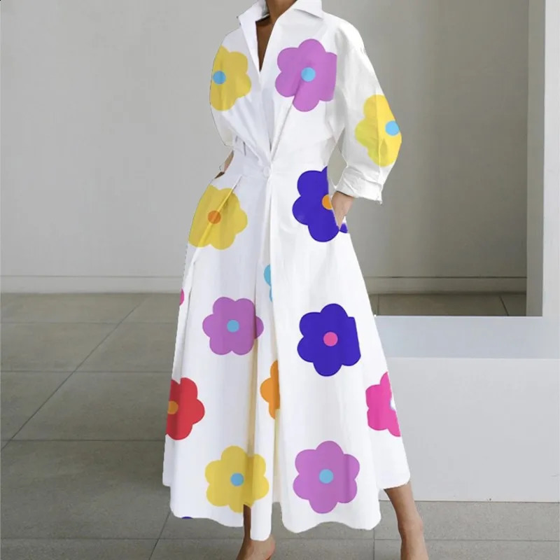 Autumn Women Fashionable Long Sleeved V-neck Printed Dress Ladies Elegant Polka Dot Print Pocket Patchwork Large Hem Dress 240824