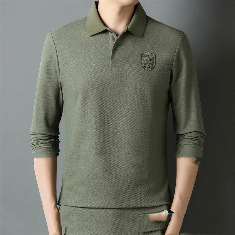 Spring Mens Fashion Versatile Pure Cotton Polo Collar Printed Long Sleeve Shirt Autumn Multi Color Business Casual Top 240824