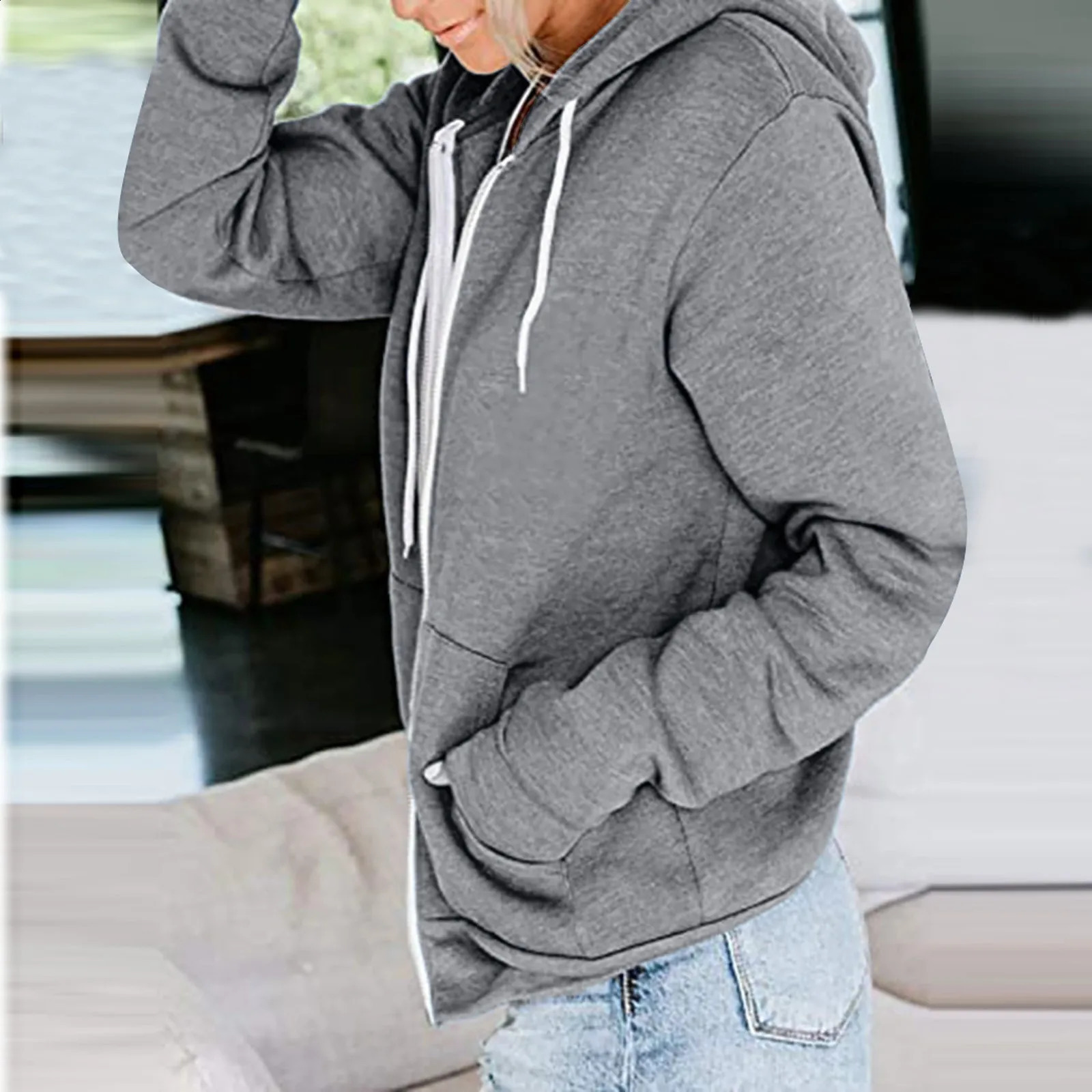 Womens Hoodie Fashion Casual Full Zip Hoodie Long Sleeve Hooded Sweatshirt Pocket Jacket 240824