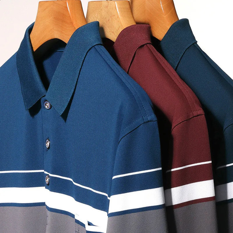 Autumn Cotton Polo Shirt Men Long Sleeve Striped Men Clothing Loose Fit Casual Golf Shirt Korean Business T-shirts 240824