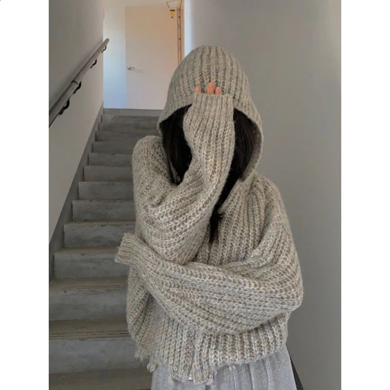 Streetwear Hooded Knitted Cardigan Women Y2K Cropped Ripped Sweater Korean Oversized Knitwear Harajuku Zipper Jumpers Coat Tops 240824