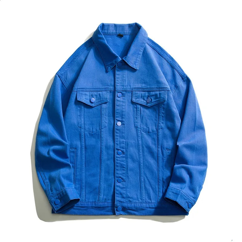 Mens loose casual denim jacket Korean fashion lapel solid color simple black and white blue mens 240824