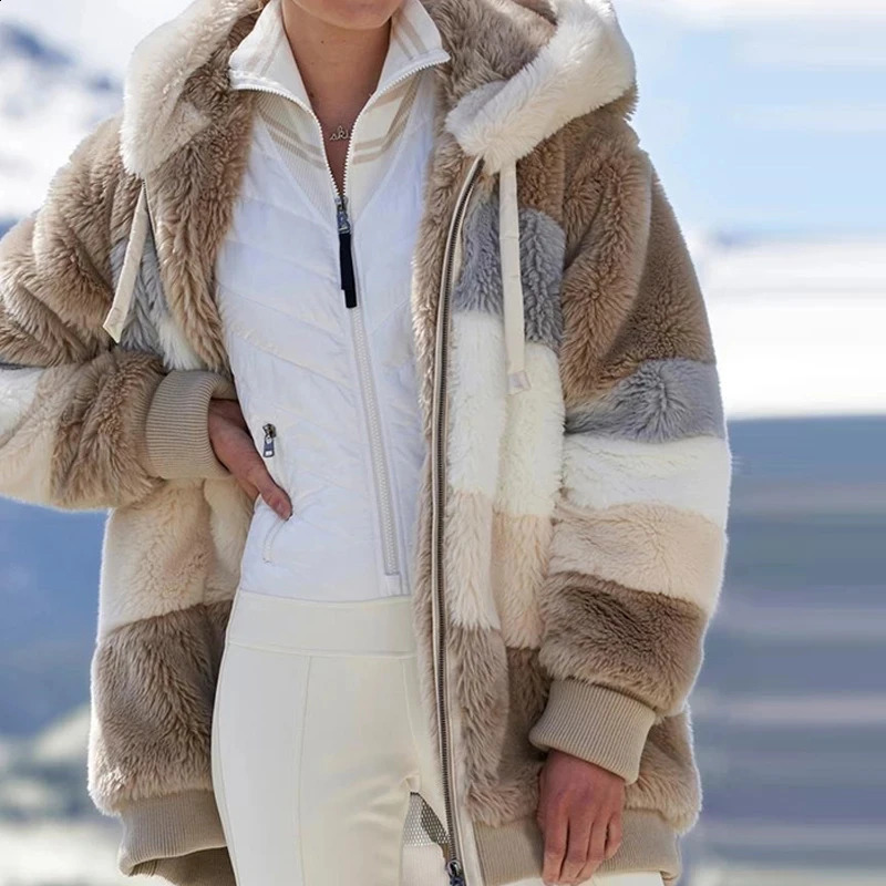 Winter Womens Plush Coat Fashion Hooded Zipper Jacket Casual Oversized Splicing Plain Knitted Artificial Fur Warm Parka 240824