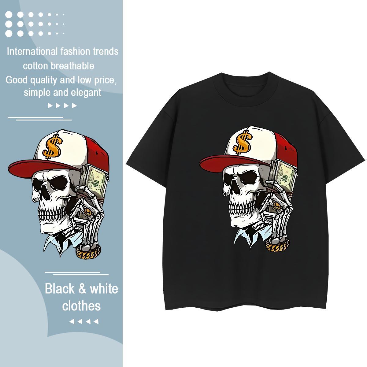 Loose Fit T Shirt For Man 230g 100% Cotton skull Street Anime Print O Neck Short Sleeves Men Tshirts Factory Direct Clothings