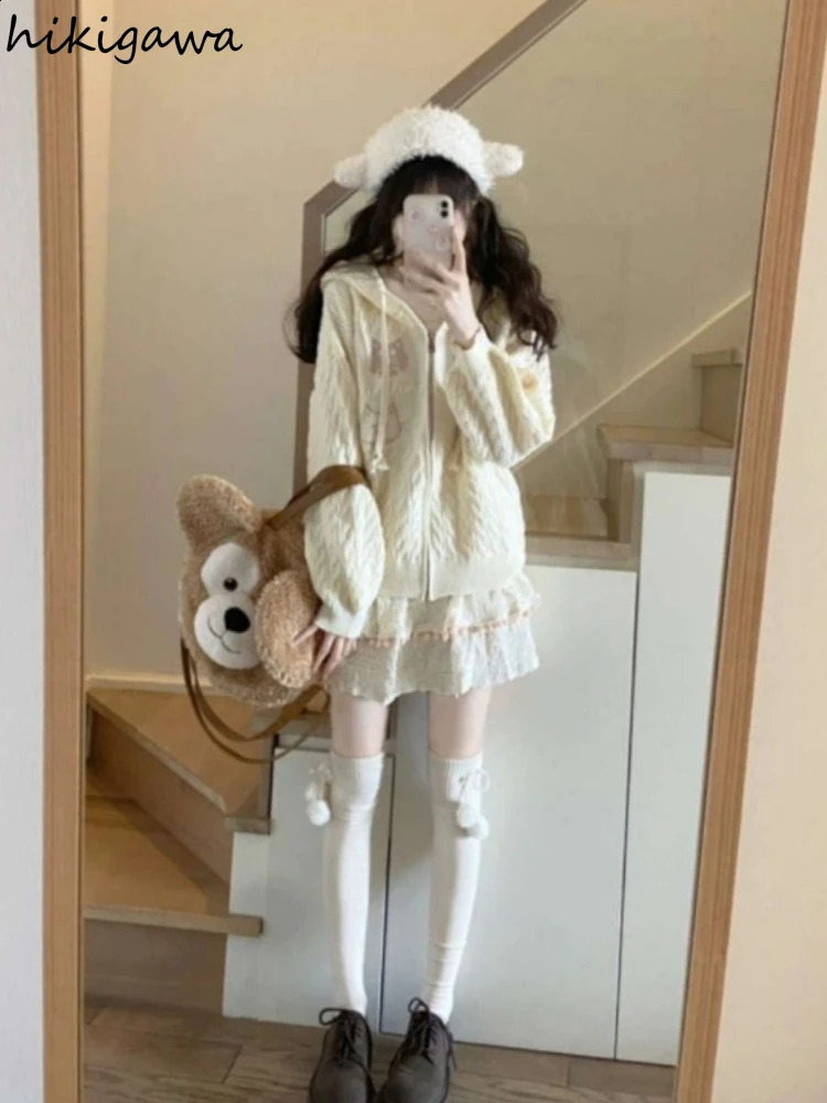 Knitwear Cardigan Tops Women Clothing Sueter Mujer Cute Cat Japanese Pull Femme Hooded Casual Knitted Oversized Sweater Coat 240824