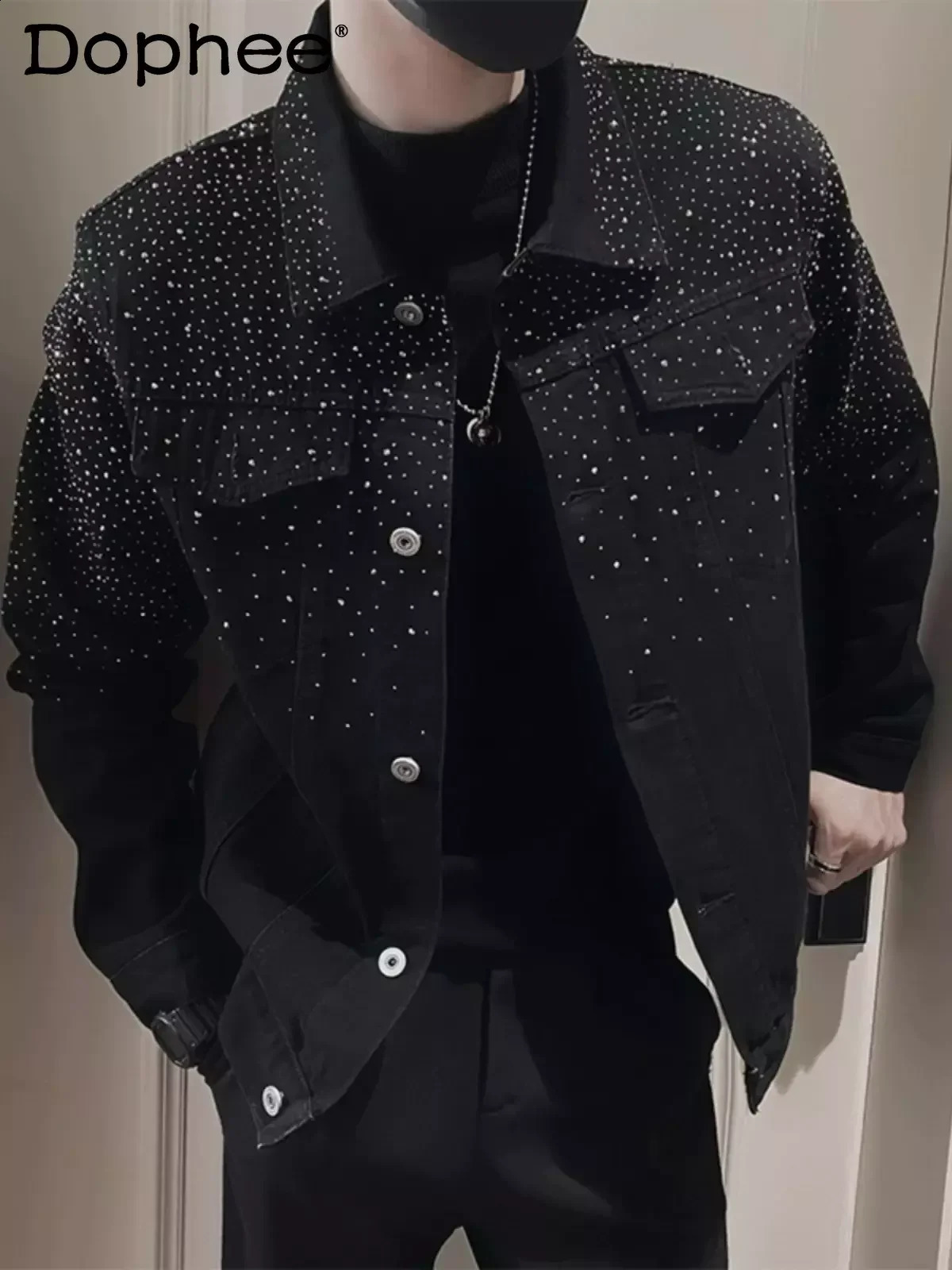 Mens highend fashion Rhinestone denim jacket mens handsome lapel long sleeved clothing 240824