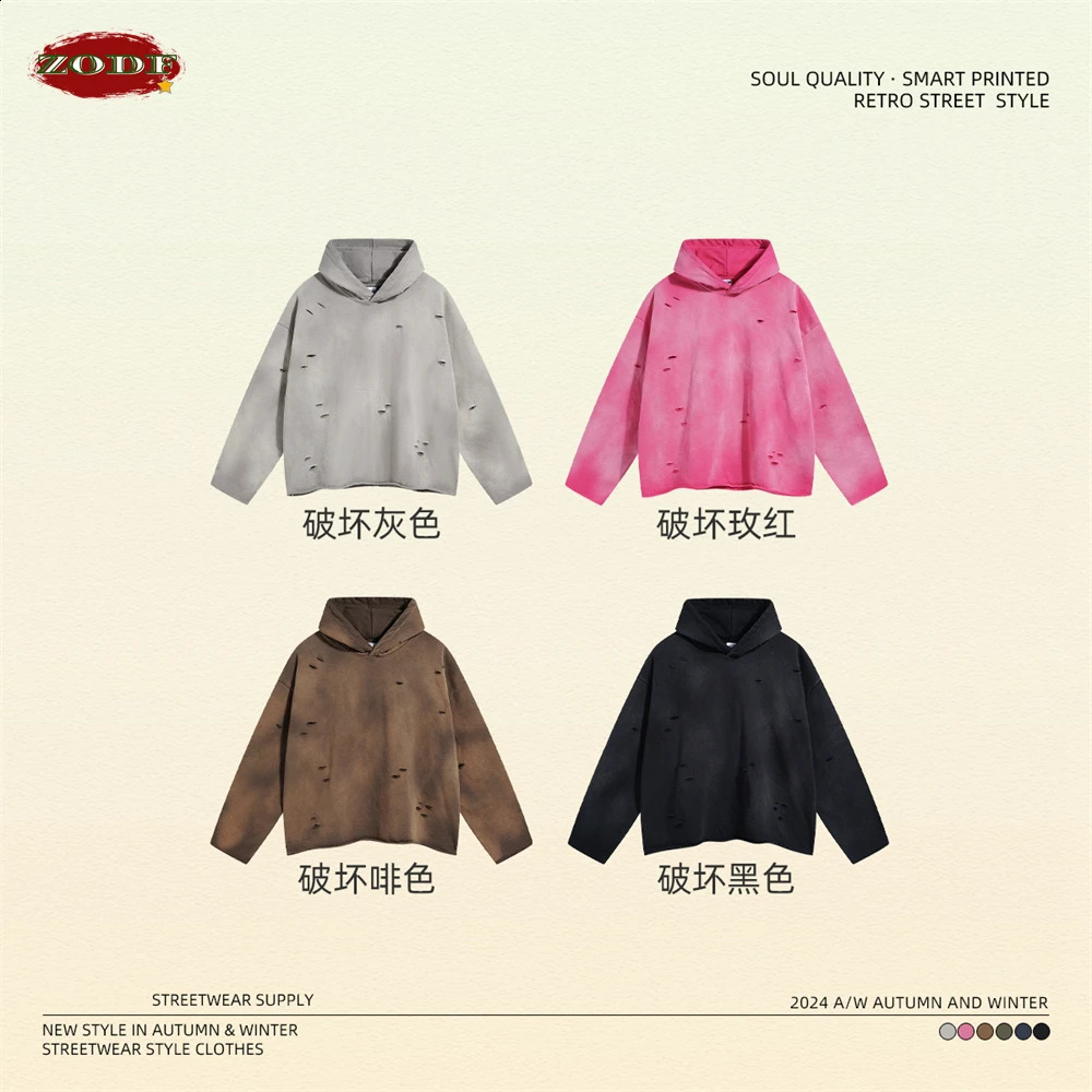 ZODF Autumn Winter Men Monkey Washed Hoodies Unisex Disstressed Ripped Heavyweight Knitted 450gsm Hooded Pullovers HY0909 240810