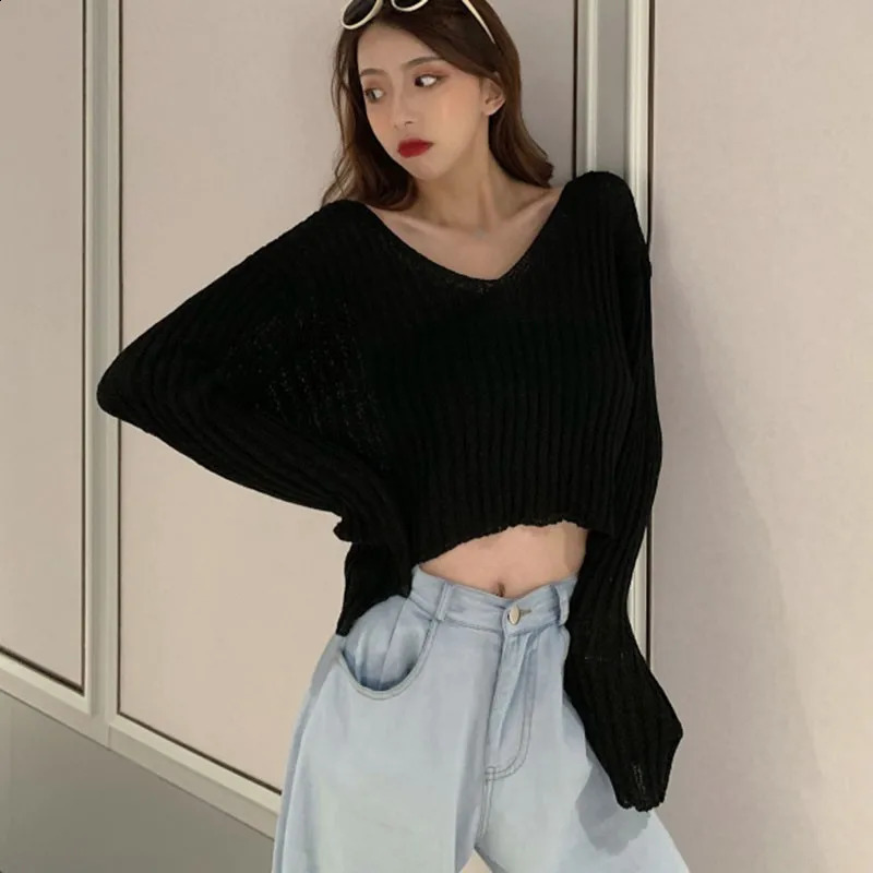 Knitted Blouse Womens Pullover Lazy Loose Outer Wear Thin Long Sleeve Sweater 240824