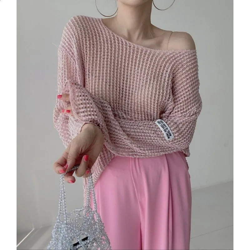 Deeptown Vintage Y2K Knitwear White Womens Sweater Hollow Out Knit Oversize Spring Korean Fashion Pullovers Streetwear Casual 240824