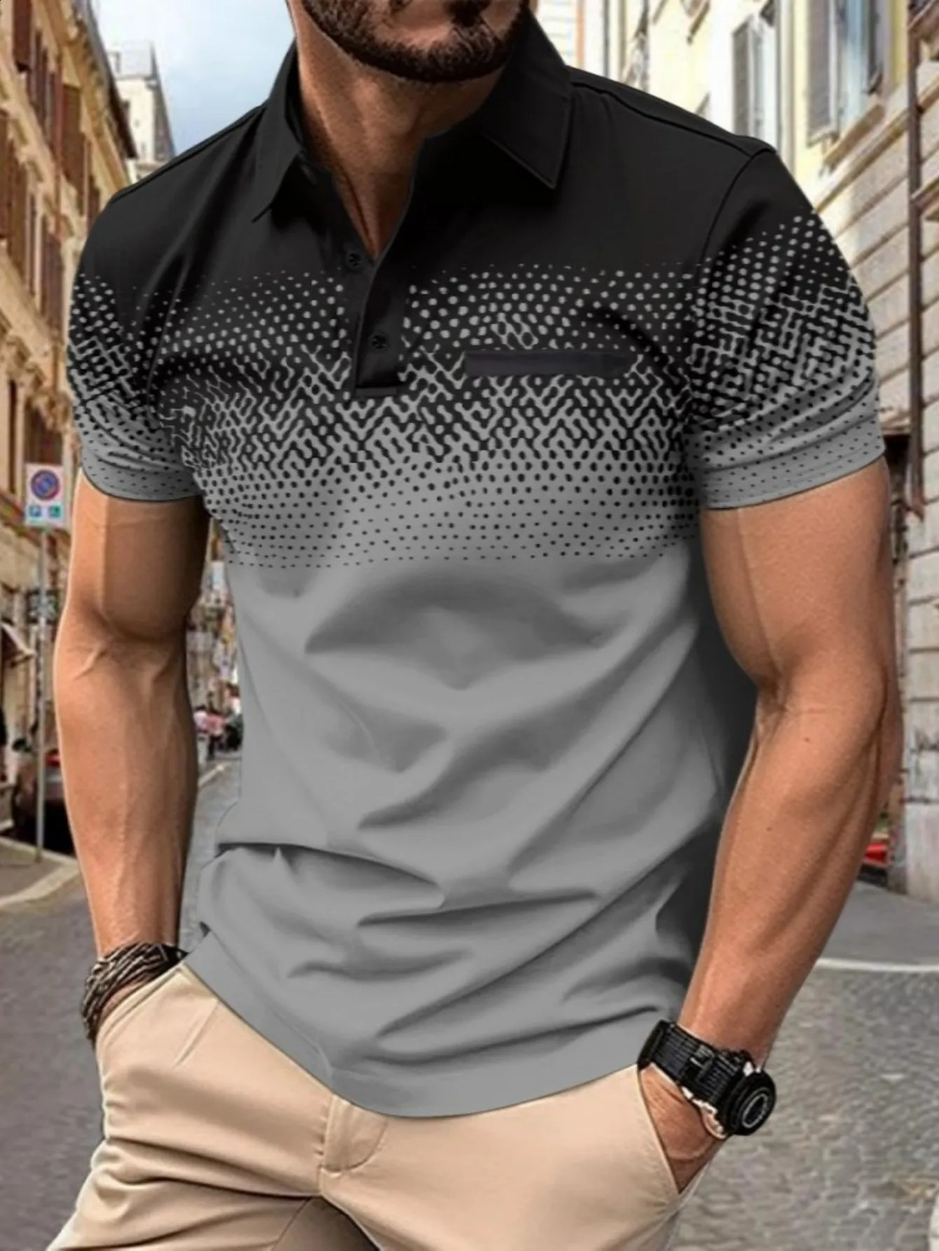 style Mens fashion summer gradient short-sleeved T-shirt Sports Outdoor fitness casual slim fit mens shirt POLO shirt 240824