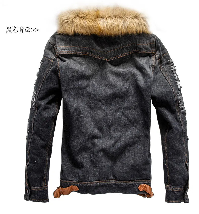 Mens Fashion Retro Plush Denim Jacket Casual Tear Patch 240824