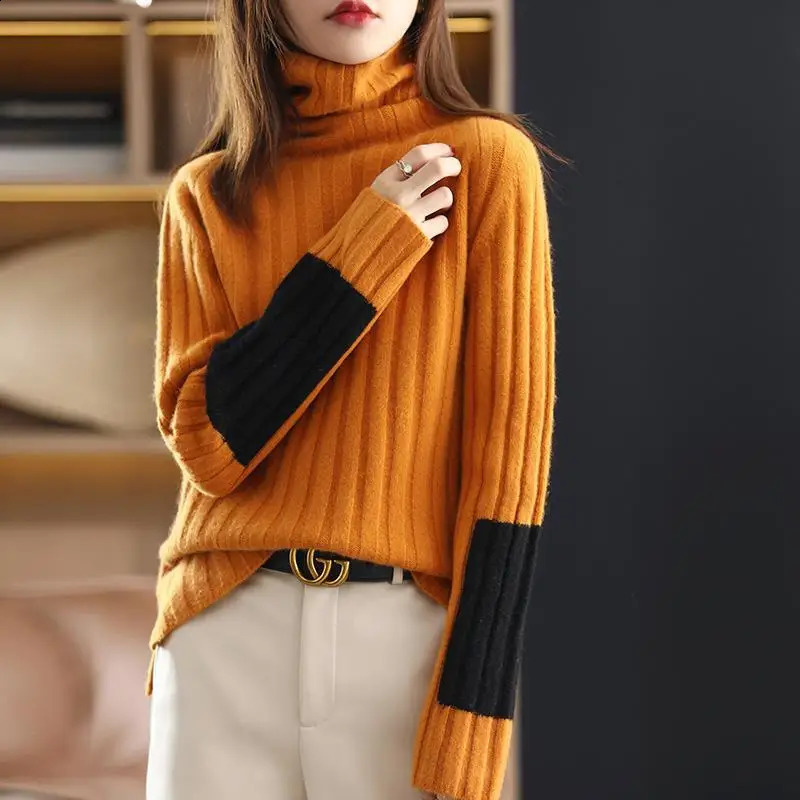 Autumn Simplicity Screw Thread Knitting Turtleneck Long Sleeve Pullovers Women Clothes Fashion Patchwork Warm Sweater Ladies 240824
