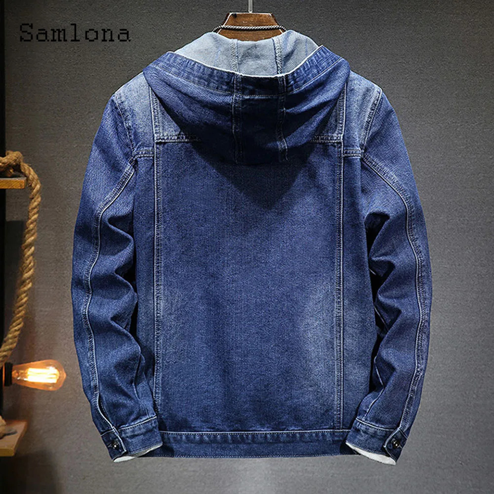Plus Size 4xl 5xl Mens casual hooded denim jacket long sleeved multi pocket retro basic 240824