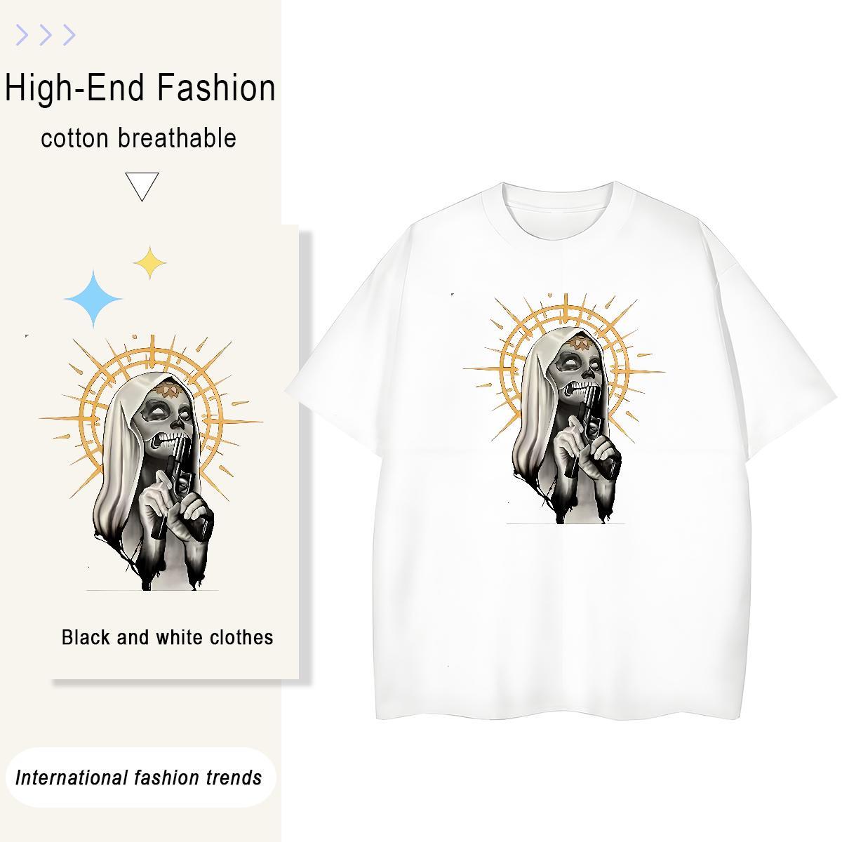 5A Tshirt for Man Woman 230g Cotton skull Street Women T Shirts Short Sleeve O-Neck Floral Print Polos