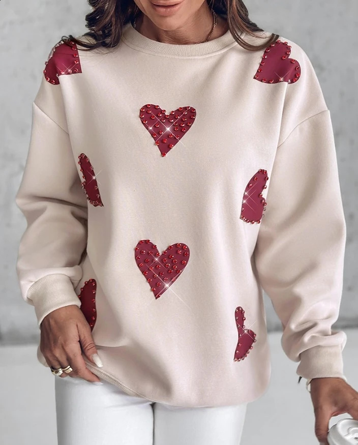 Elegant Fashion Autumn Winter Casual T-Shirt Pullover Tops Heart Print Long Sleeve Rhinestone Decor Sweatshirt 240824