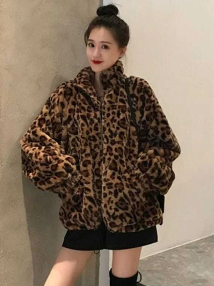 Leopard Fur jacket womens oversized plush coat winter warm fluffy retro party faux mink 240824