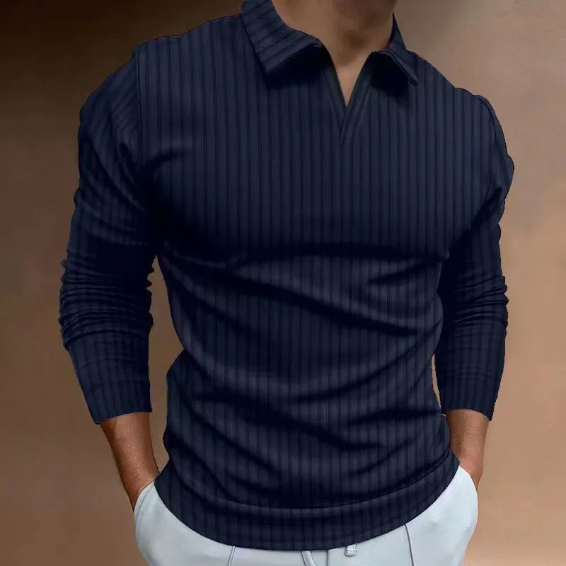 mens spring and autumn casual striped long sleeve top V-neck loose polo shirt 240824