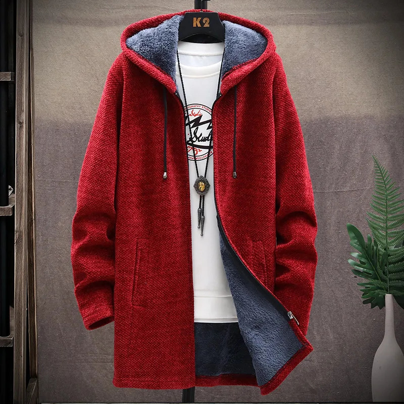 Long hooded wool cardigan mens winter thick warm velvet sweater knitted solid jacket zipper 240824