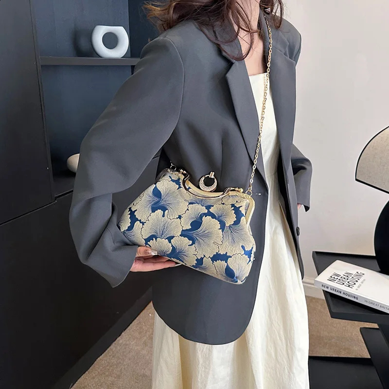 Floral Print Small Tote 2024 Women Green Handbags Party Clutch Female Dinner Chain Shoulder Bags Messenger 240824