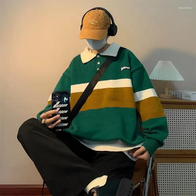 Men's Autumn/Winter Striped Sweater: Vintage Polo Neck Pullover