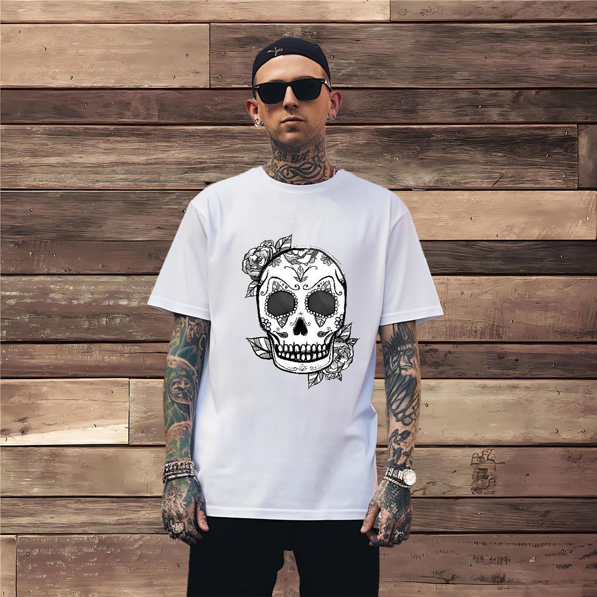 Classic T Shirts Men 230g 100% Cotton skull Casual Asian Size Round Neck Short Sleeve Men Tshirts Fashion New Clothings
