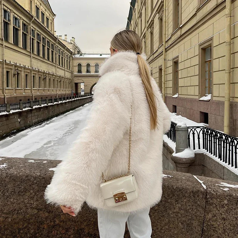 Fashionable Fluffy Fur Artificial Jacket Womens Winter Fury Coat Thick Medium to Long Fox 240824