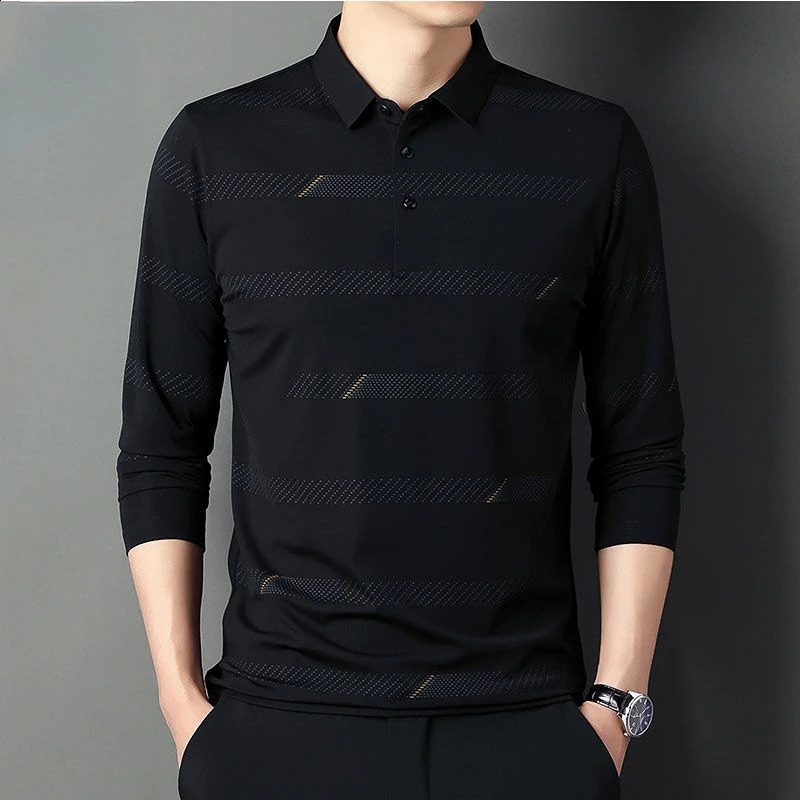 Fashion Men Long Sleeve Cotton Stripe Polo Shirts Spring Autumn Korean Casual Male Clothes Lapel Loose Streetwear Tops 240824