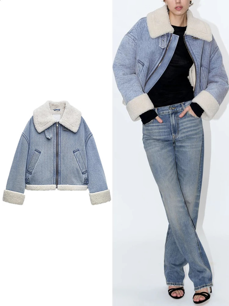 TRAF Womens Jacket Coat Winter Collar Loose Warm Sheepskin Wool Bicycle Casual Fashion 240824