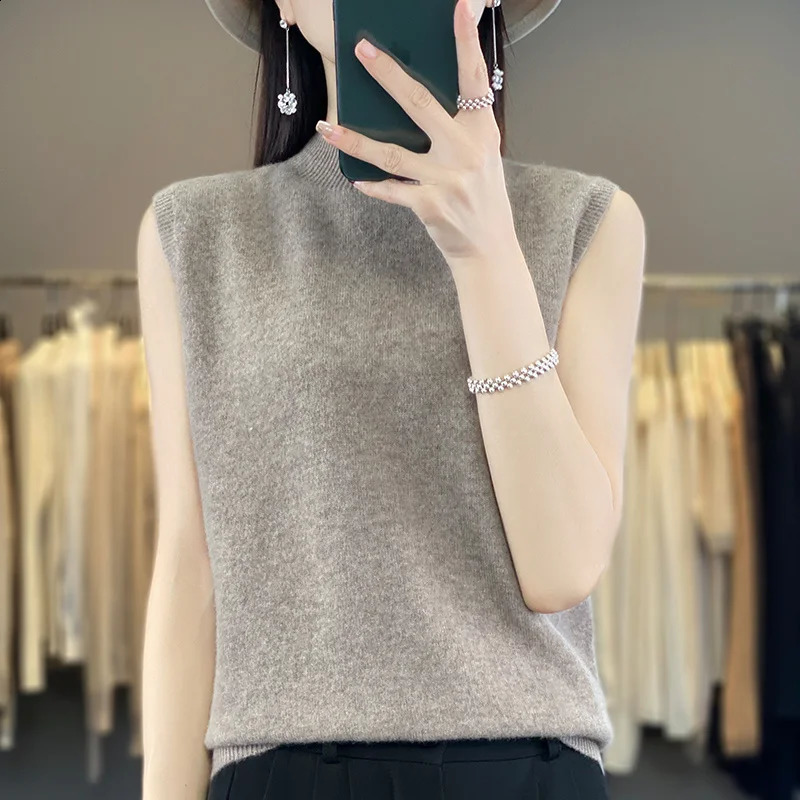 Womens T-shirt Spring/Summer Pure Wool Tank Top Womens Half High Neck Knitted Pullover Sleeveless Vest Kam Shoulder 240824