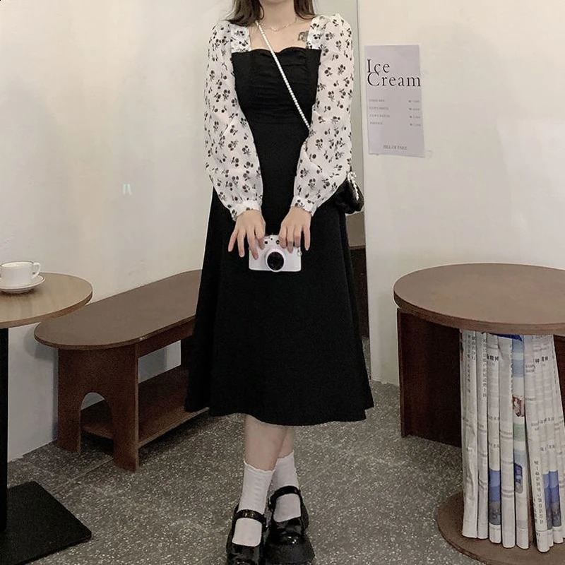 Women Clothing Autumn Fashion Print Patchwork Square Neck Elegant Dresses Female High Waist Long Sleeve Slim Midi Dress Vestidos 240824