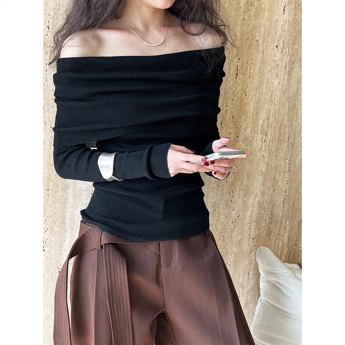 Lightweigth Off Shoulder Sweater Top Women Long Sleeve Knitted Shirt for Spring Pink Grey Beige Black Outfit 240824