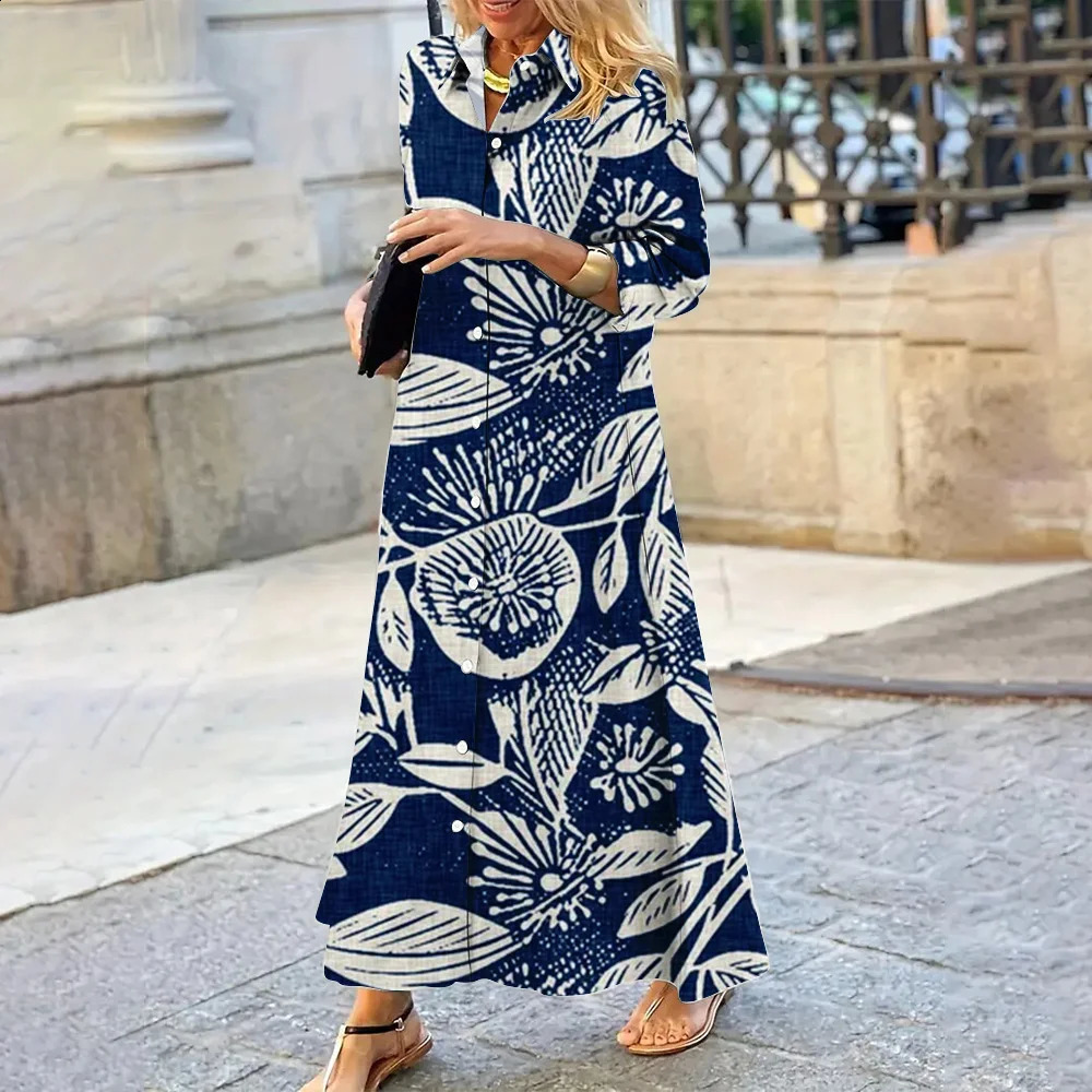 Summer Womens Dress Iapel Long-Sleeved Shirt Dress Classic Antique Porcelain Blue Pattern Single-Breasted Shirt Dress 240824