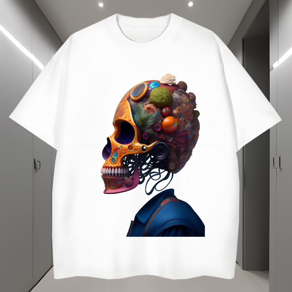 Comfortable T-Shirts for Men 230g Pure Cotton skull Daily Wear Asian Size O-Neck Short Sleeve Tshirts Stylist Clothings