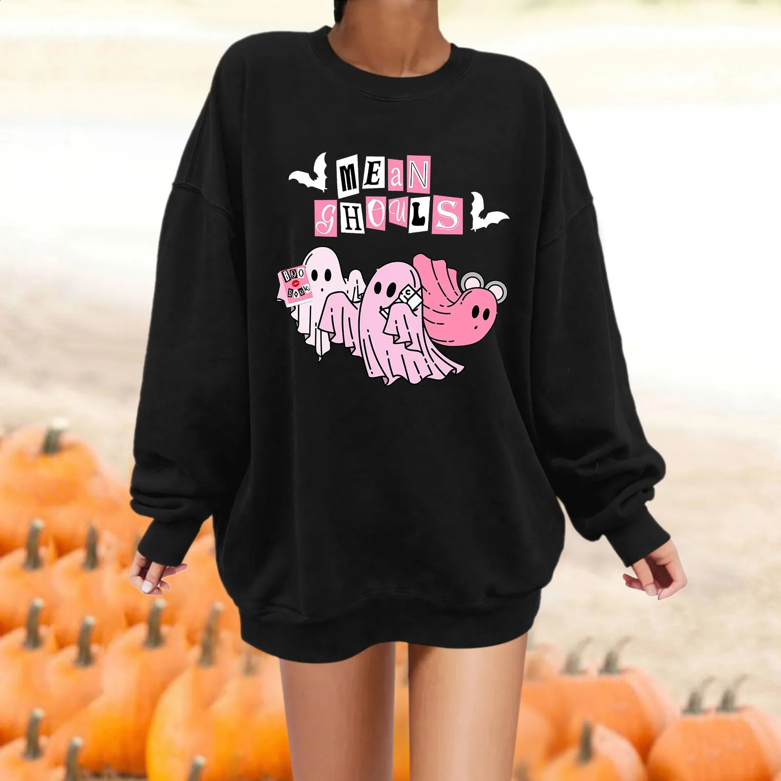 Womens Halloween Hoodie Bat Ghost Multi-Element Printed Hoodie Winter Beautiful Warm All Match Casual Pullover Fashion Hoodie 240824