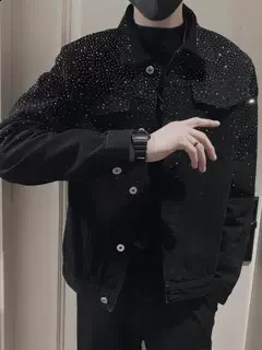 Mens highend fashion Rhinestone denim jacket mens handsome lapel long sleeved clothing 240824