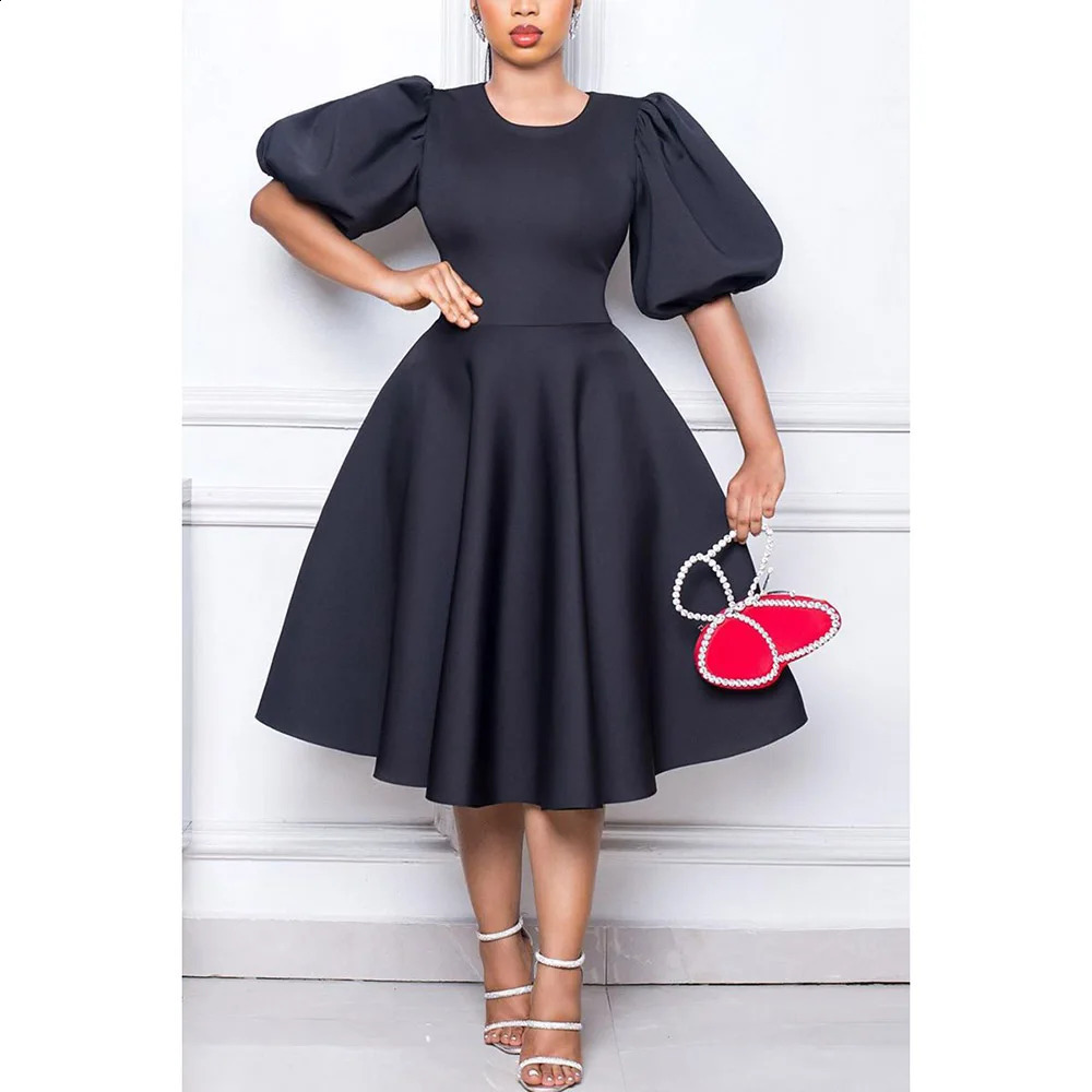 Plus size black casual womens dress with O-ring puff sleeves and A-line round neck slim fit Midi formal dress 240824