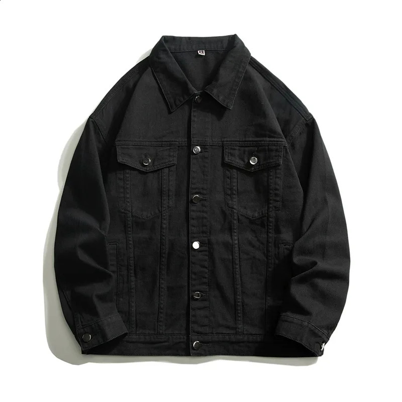 Mens loose casual denim jacket Korean fashion lapel solid color simple black and white blue mens 240824