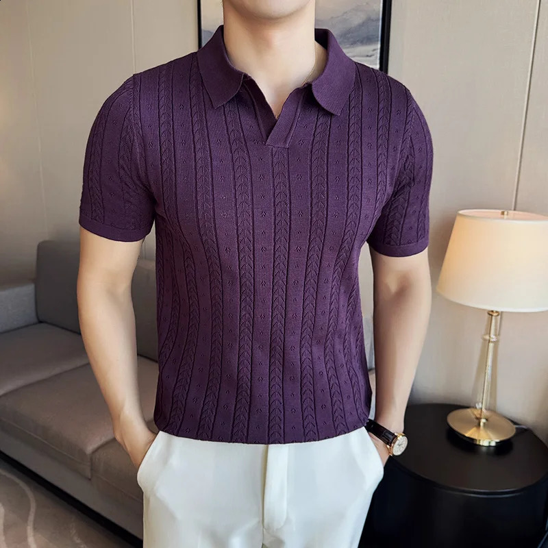 Mens V-neck POLO Shirt Summer Hollow Striped Jacquard Solid Color Casual Short Sleeve knitted T-shirt Mens Clothing 240824