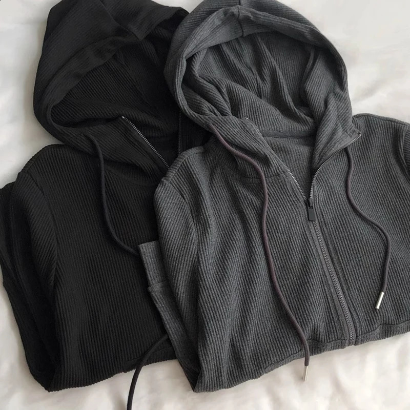 Double Zippered Dark Gray Hoodie Womens Spring Autumn Loose Short Cardigan Sweatshirt Korean Solid Long Sleeved Jacket 240824