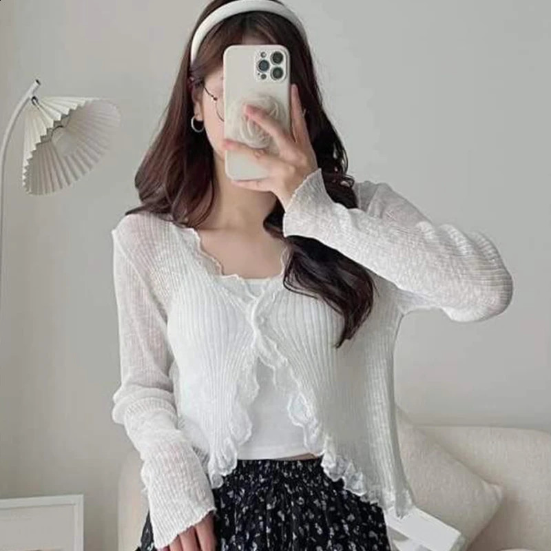Summer Korean Womens Solid Color Lace V-neck Long Sleeve Knitted Sunscreen Cardigan 240824