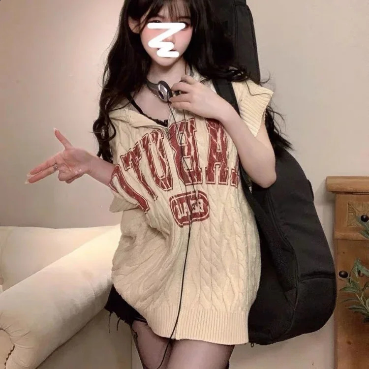 Harajuku Vintage Letter Print Zipper Hoodie Cardigan Spring Loose Long Sleeve Tops Women Y2k Grunge Mid-length Cardigans Mujer 240824