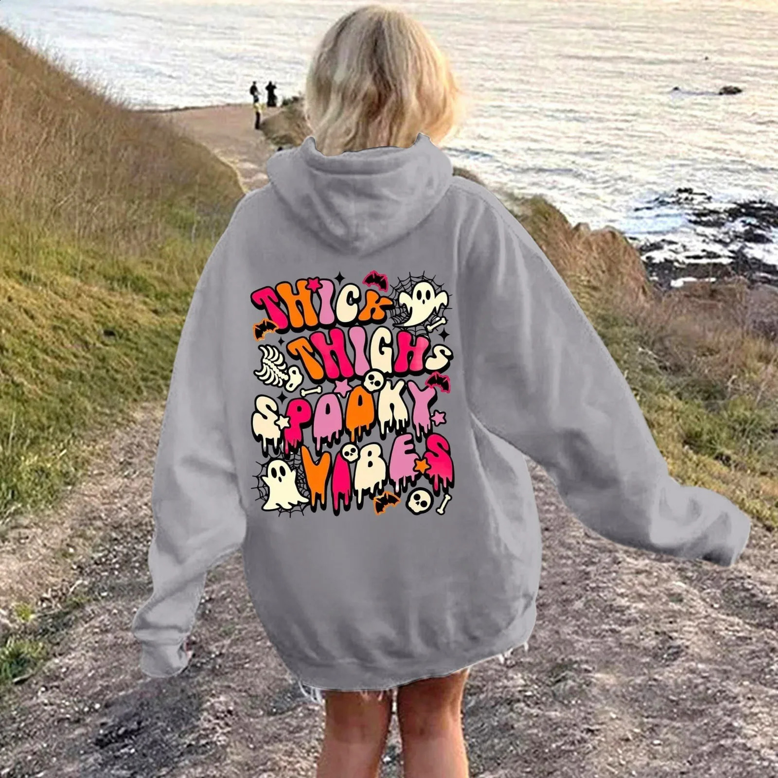 WomenS Halloween Hoodie Multi-Element Printed Pullover Round Neck Long Sleeve Drawstring Hoodie Trend All Match Casual Hoodie 240824