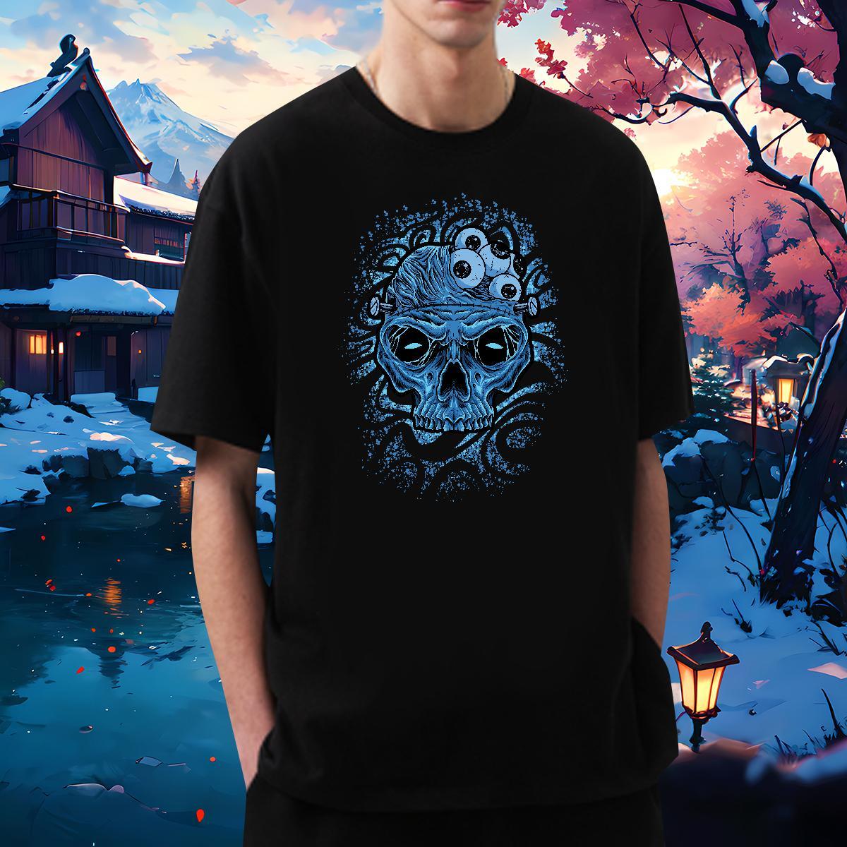 Loose Fit Mens T Shirts 230g Cotton skull Sports Casual Cartoon Print Breathable Soft Men Tshirts Casual New Clothes